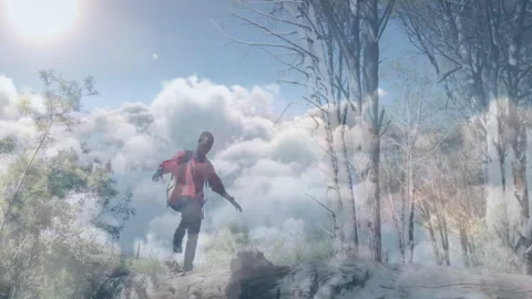 Hiker balancing on fallen tree trunk in health tutorial, floating heart icons Stock Footage 308100246