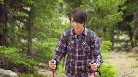 Hiker in a beautiful forest Stock Footage 59457623