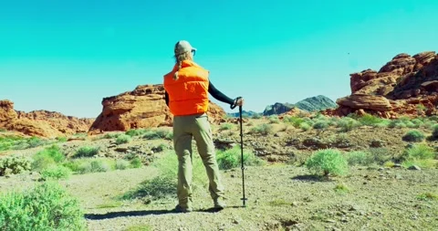 Hiker in Bright Vest Exploring Desert Landscape Stock Footage 323795420