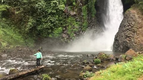 Hiker with Camera Pole Balancing on a Log near a Jungle Waterfall 库存影片 348055187