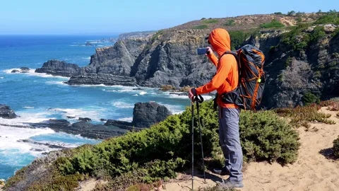 Hiker Capturing Stunning Ocean Landscape Fishermens Trail Portugal Stock Footage 319317685