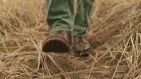 Hiker in close-up slow motion leg shot walks uphill in the forest Stock Footage 73333522
