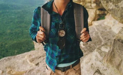 Hiker with compass Stock Photos