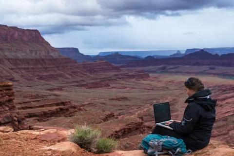 Hiker with computer Stock Photos