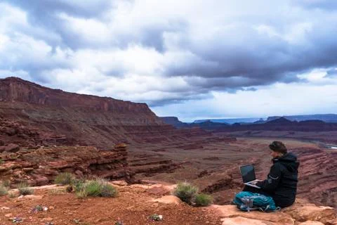 Hiker with computer Stock Photos