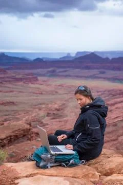 Hiker with computer Stock Photos