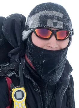Hiker covered with snow Stock Photos