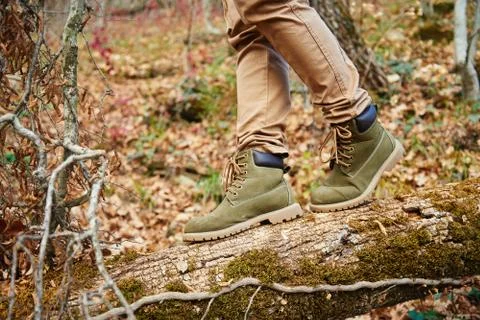 Hiker crossing on fallen tree trunk Stock Photos
