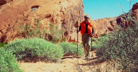 Hiker Exploring Desert Landscape with Trekking Poles 스톡 동영상 323799341