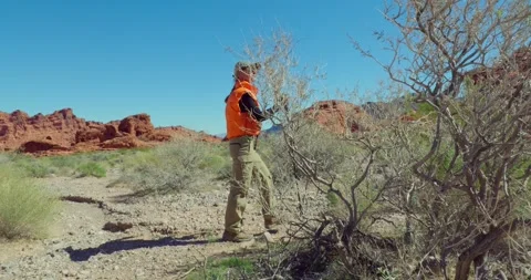 Hiker Exploring Desert Terrain with Trekking Poles Stock Footage 325448087