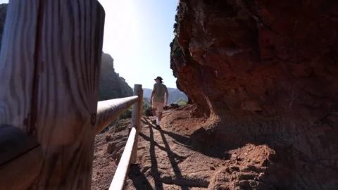 Hiker Exploring Red Rock Canyon Trail at Sunset Stock Footage 263100533