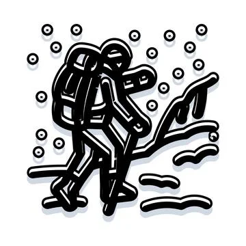 Hiker exploring winter mountain trail during snowfall イラスト素材