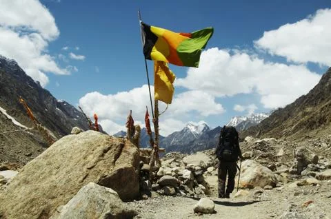 Hiker going along worship place by source of ganga Stock Photos