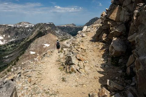Hiker Heads Down a Switch Back Into Cascade Canyon 库存照片