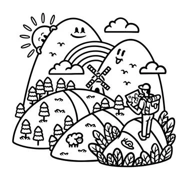 Hiker looking at map to explore mountain line illustration Stock Illustration