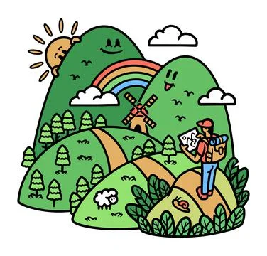 Hiker looking at map to explore mountain Stock Illustration