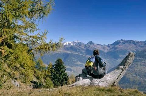 Hiker looking mountain Stock Photos