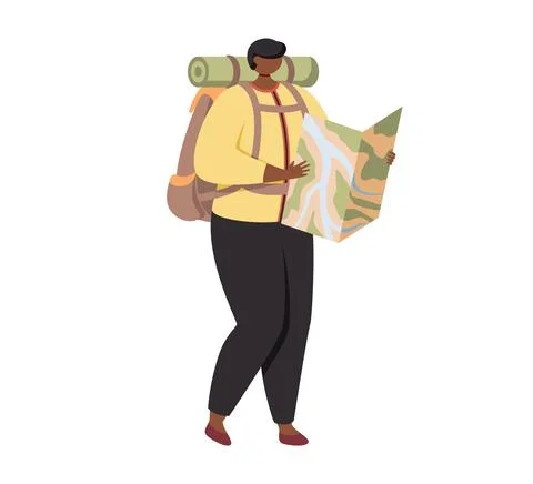 Hiker looking for route in map isolated on white background. Stock Illustration