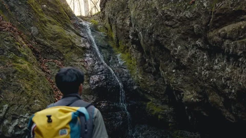 Hiker looking up at a small mountain waterfall on Mount Ōtake, Japan Stock Footage 319620841