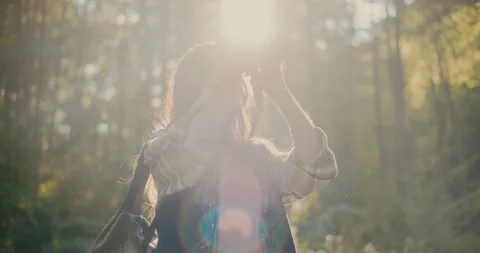 Hiker Looking Through Binocular In Forest Stock Footage 252016827