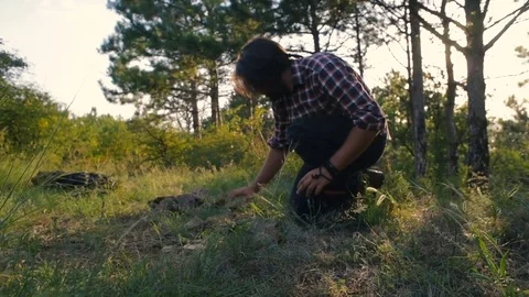 Hiker male making the campfire in forest during sunset Video stock 84392816