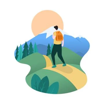 Hiker Man with Backpack Towards Top of Mountain Flat Design Illustration イラスト素材