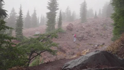 Hiker in the Mist Crossing Left to Right Stock Footage