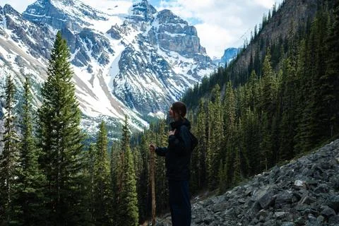 Hiker with Mountain Backdrop Stock Photos