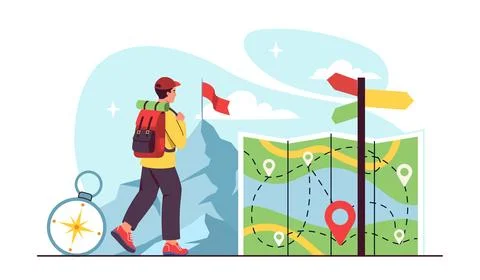 Hiker navigating with map and compass. Vector illustration Stockillustratie