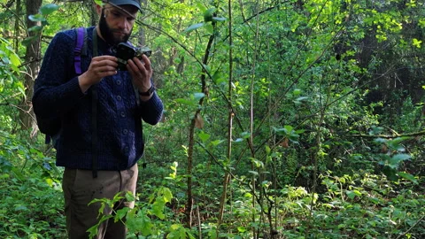 Hiker opening and checking settings of a trail camera on tree Stock Footage 336971734