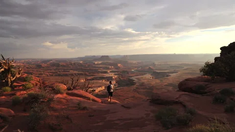 Hiker Overlooking Vast Canyon at Sunset in Canyonlands National Park Utah. Видео 340591992