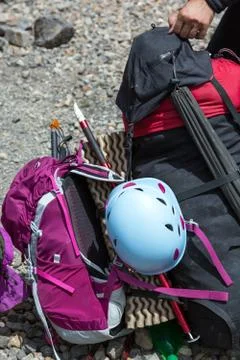 Hiker Packing Backpack Stock Photos