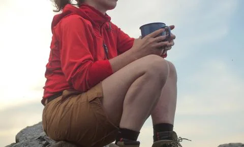 Hiker peak mug backpack Stock Photos