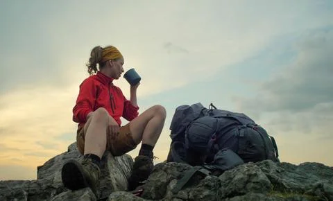 Hiker peak mug backpack Stock Photos