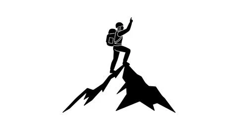 Hiker reaching mountain summit vector illustration, flat design silhouette Stock Illustration