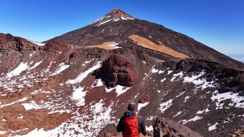 Hiker with Red Backpack Overlooking Pico Viejo Crater and Mount Teide Video stock 344683487