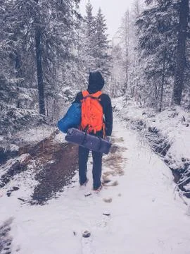 Hiker with a red backpack Stock-Fotos