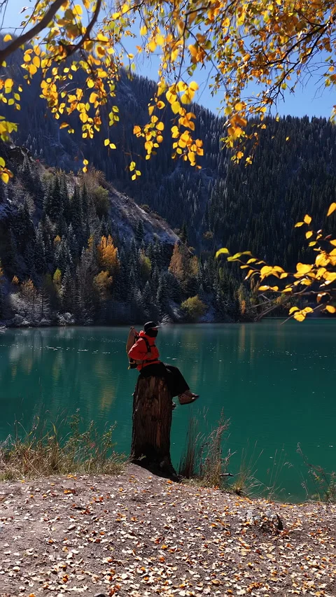 Hiker resting on tree stump enjoying beautiful mountain Issyk's lake view Видео 344589033