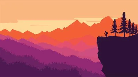 Hiker Silhouette on the Top of Cliff with Mountain Landscape and Pine Tree .. 스톡 일러스트