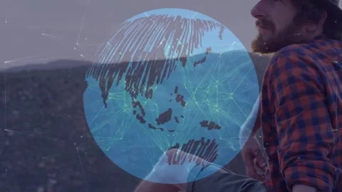 Hiker sitting ledge as globe appearing at legs growing, rotating, forming nodes, Stock Footage 330717823