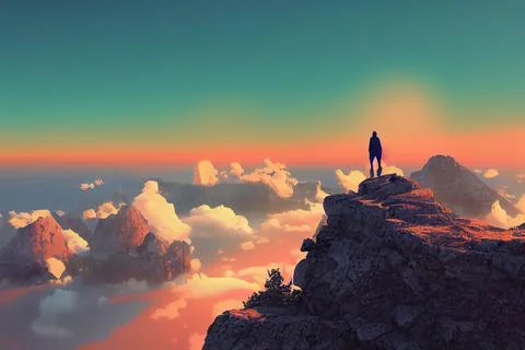 Hiker standing on a mountain cliff above clouds at sunset Stock Illustration
