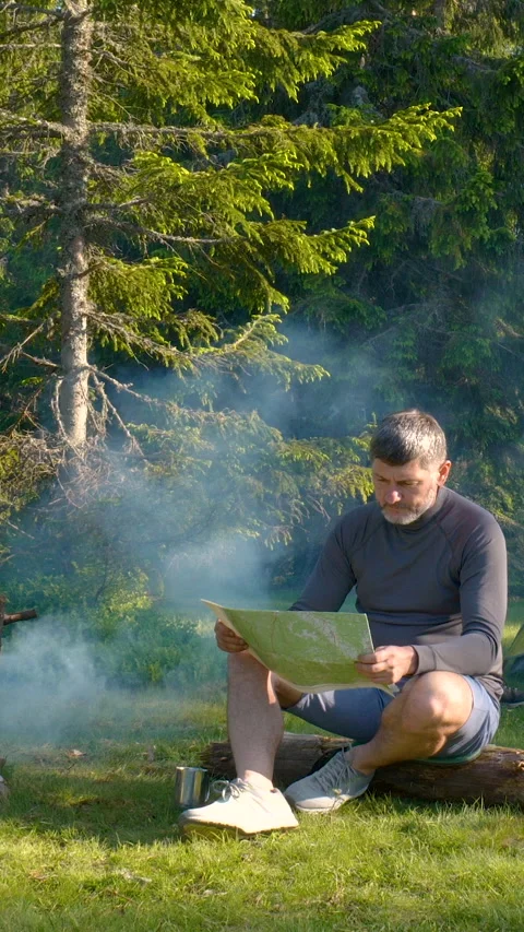 Hiker studying navigation map while resting at forest campsite Stock Footage 334771708