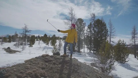 Hiker taking selfie with mountains view on the background. Selfie Stock Footage 74893345