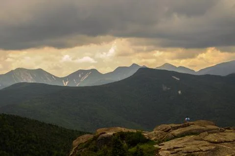 Hiker On Top Of Cascade Mountain, High Peaks Wilderness Area, Adirondack Fo.. Stock Photos