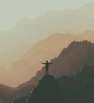 Hiker on the top of a mountain Stock Illustration