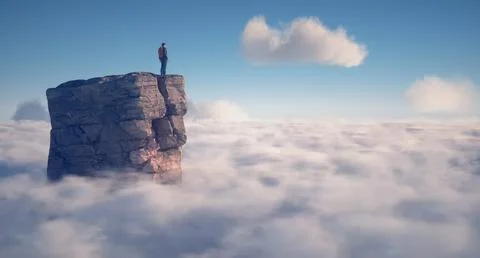 Hiker on top of a mountain over a cloud. Stock Illustration