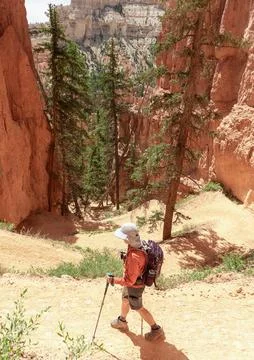 Hiker (un-recognizable) on a zig-zag trail in Bryce Canyon National Park, Utah Stock Photos