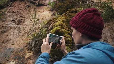 Hiker using smartphone standing near the slope overgrown with plants and moss Stock Footage 80053889
