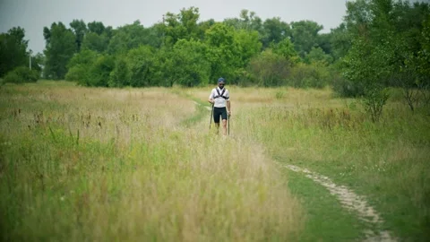 Hiker using trekking poles walking along winding path through green meadow Stock Footage 313951276