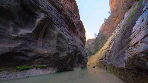 Hiker Wading Through the Virgin River in The Narrows, Zion National Park Stock Footage 332022202